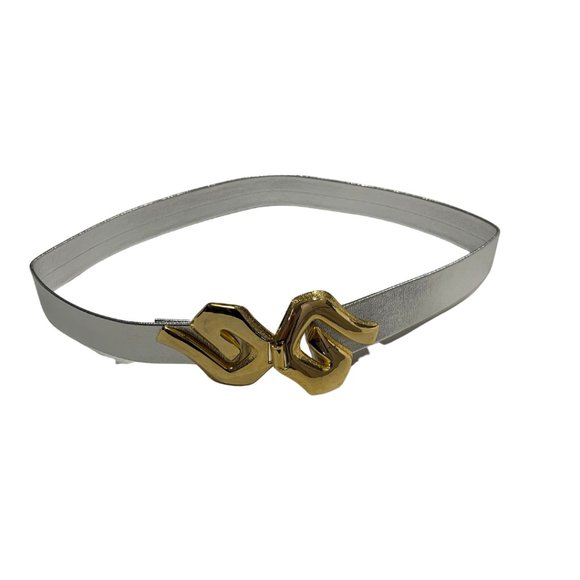 Vintage 90s Women's Silver Metallic Fashion Belt with Abstract Gold Belt Buckle - Picture 1 of 7